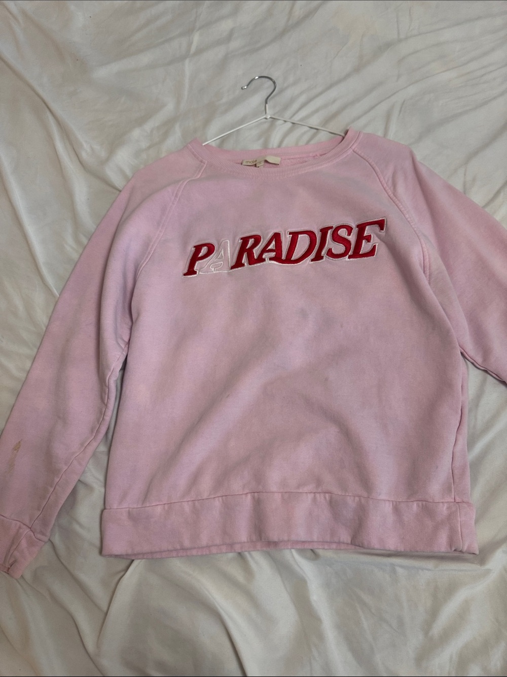 Maje Pink Crewneck Sweater with Red Paradise Applique